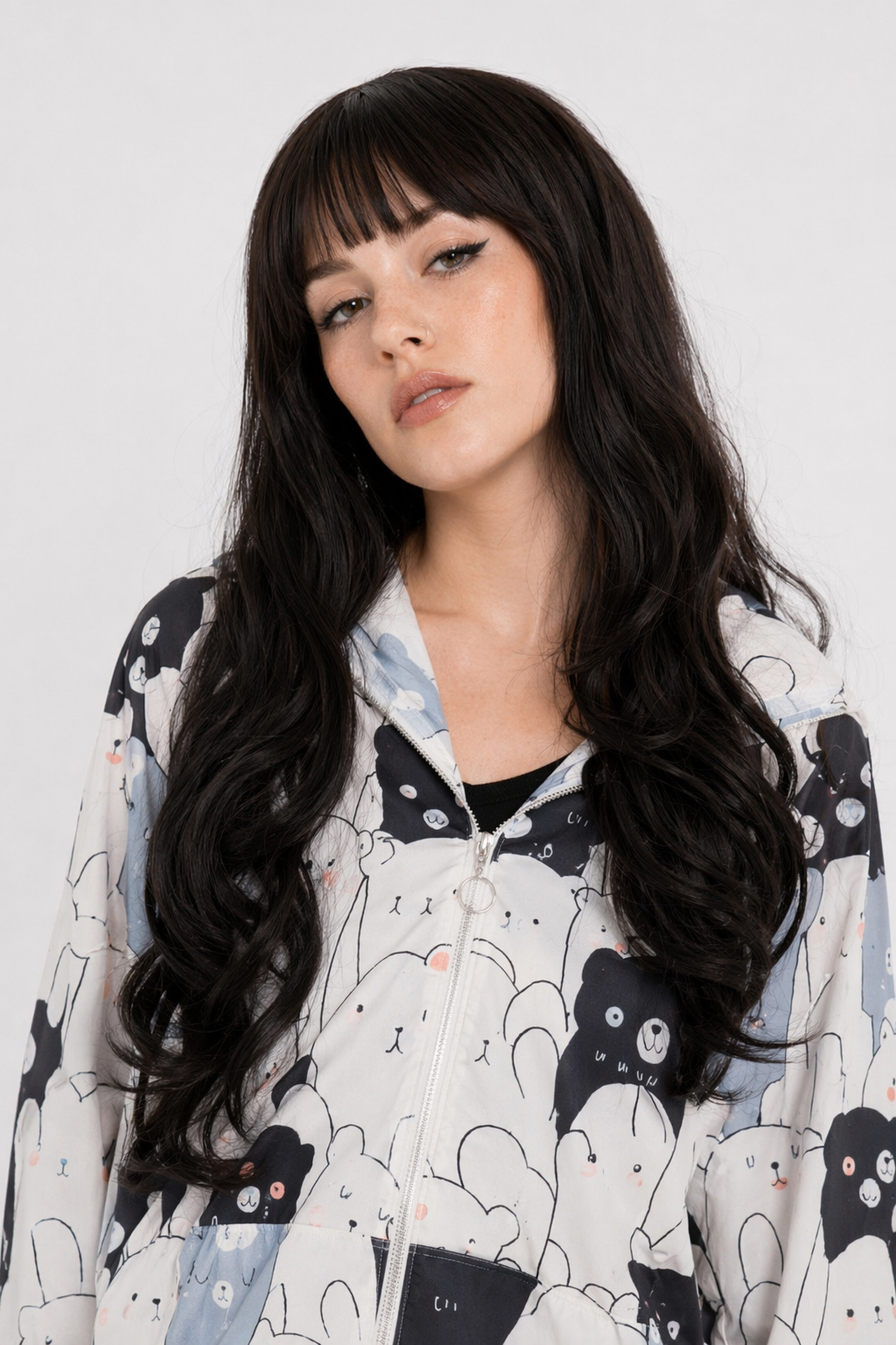 Kawaii Bear-Inspired Windbreaker Jacket for Pastel Fashion Lovers Black