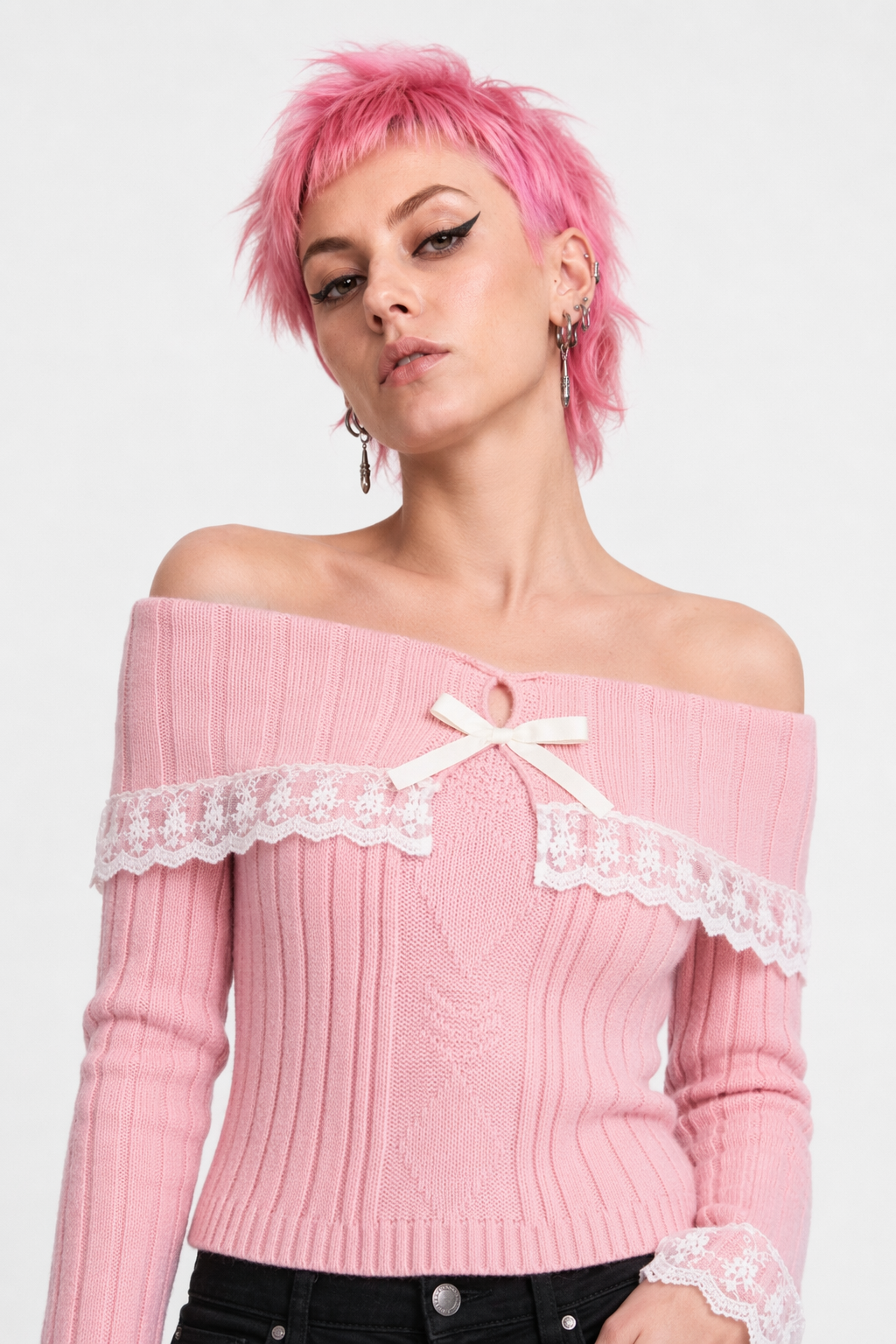 Pink Knit Princess Sweater with Off-the-Shoulder Design and Accents Pink