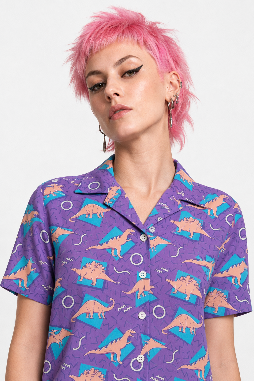 Purple and Blue Dinosaur Button Up Retro 90s Dino Tee M