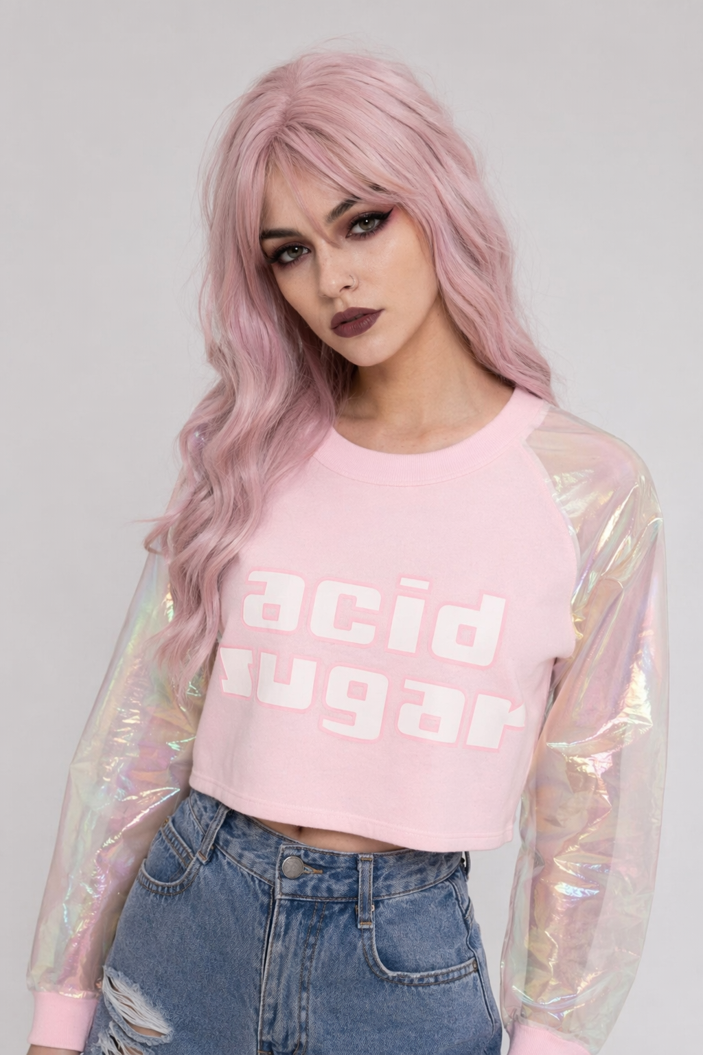Holographic Acid Sugar Crop Top Sweater with Rainbow Sleeves Pink