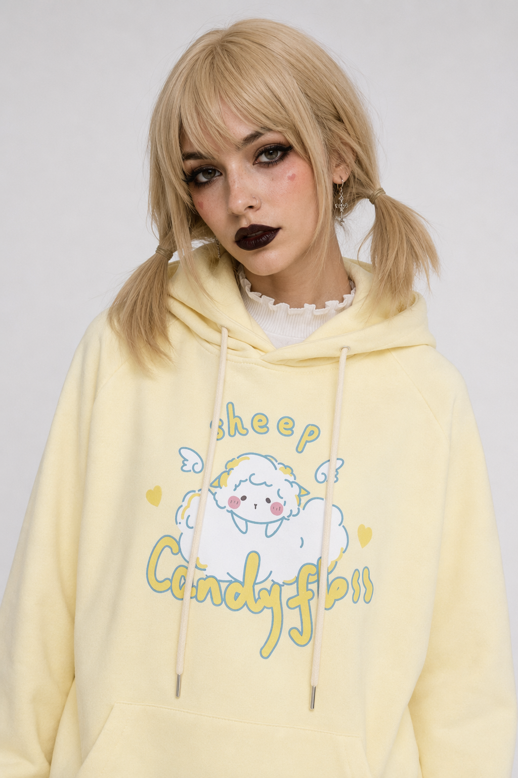 Kawaii Pastel Yellow Baby Sheep Hoodie with Angel Wings M