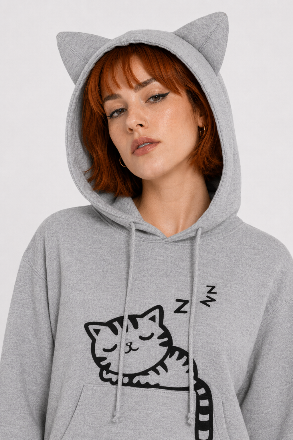 Cozy Kitten Pullover Hoodie for Sleepy Cat Lovers Grey