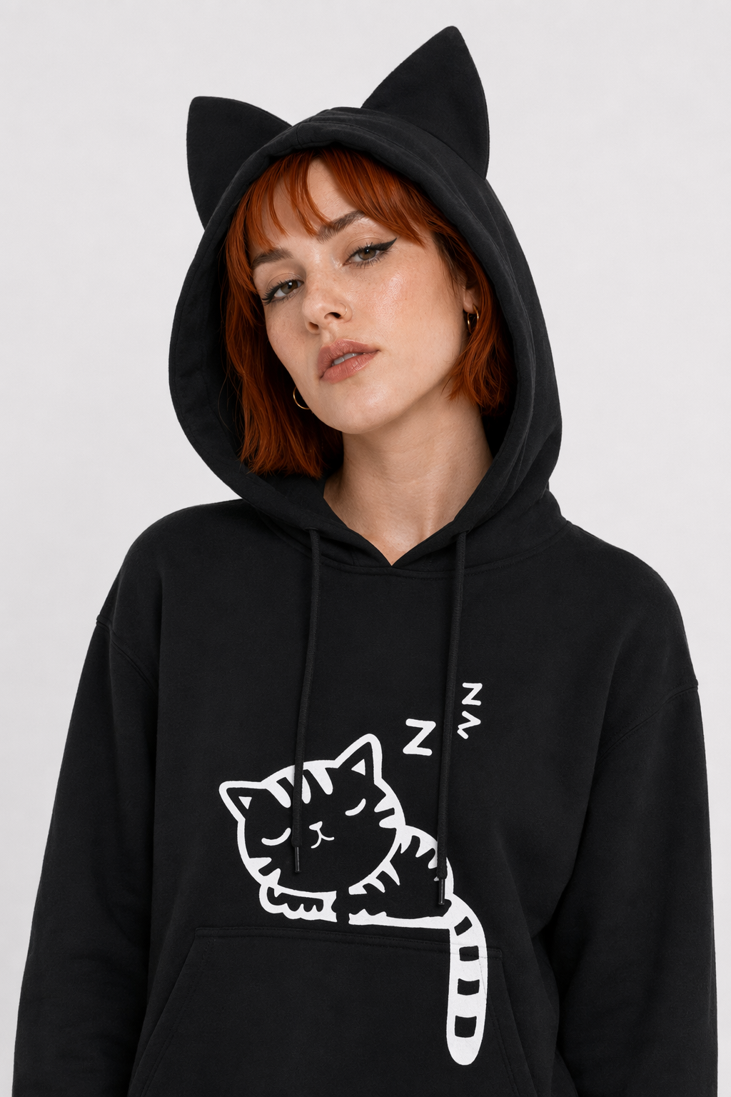 Cozy Kitten Pullover Hoodie for Sleepy Cat Lovers Black