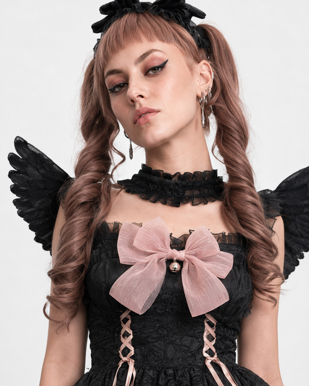 Ethereal Princess Lace Dress with Ruffles and Bows Black Pink