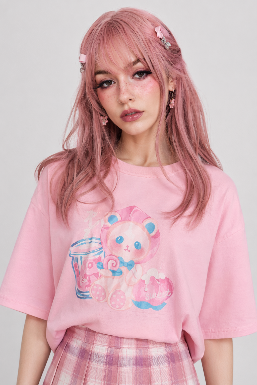 Pastel Peach Bear Tee Inspired by Kawaii Fashion and Anime Pink