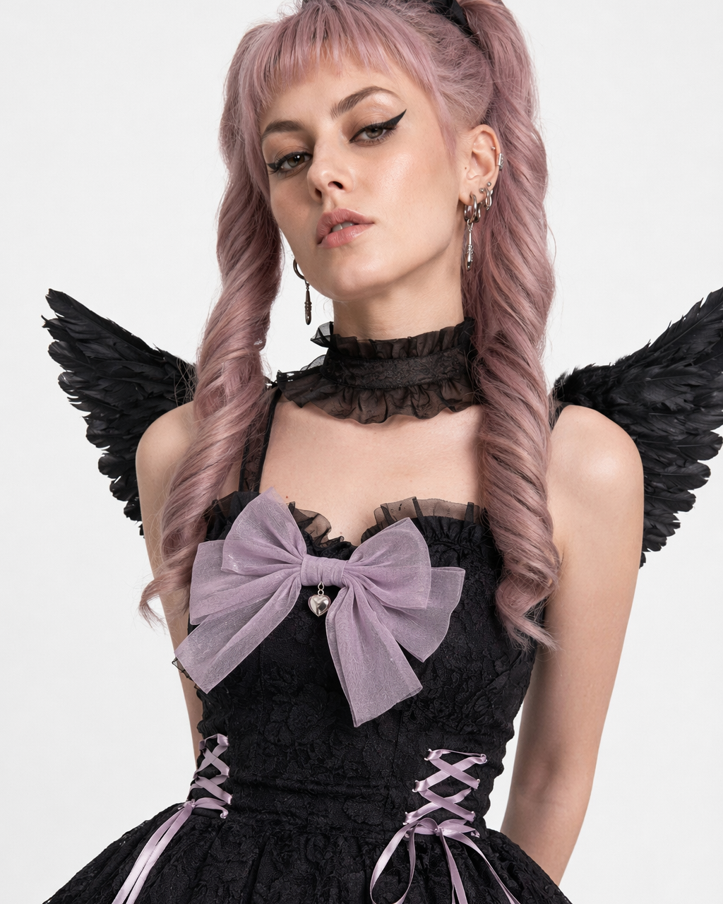 Ethereal Princess Lace Dress with Ruffles and Bows Black Purple