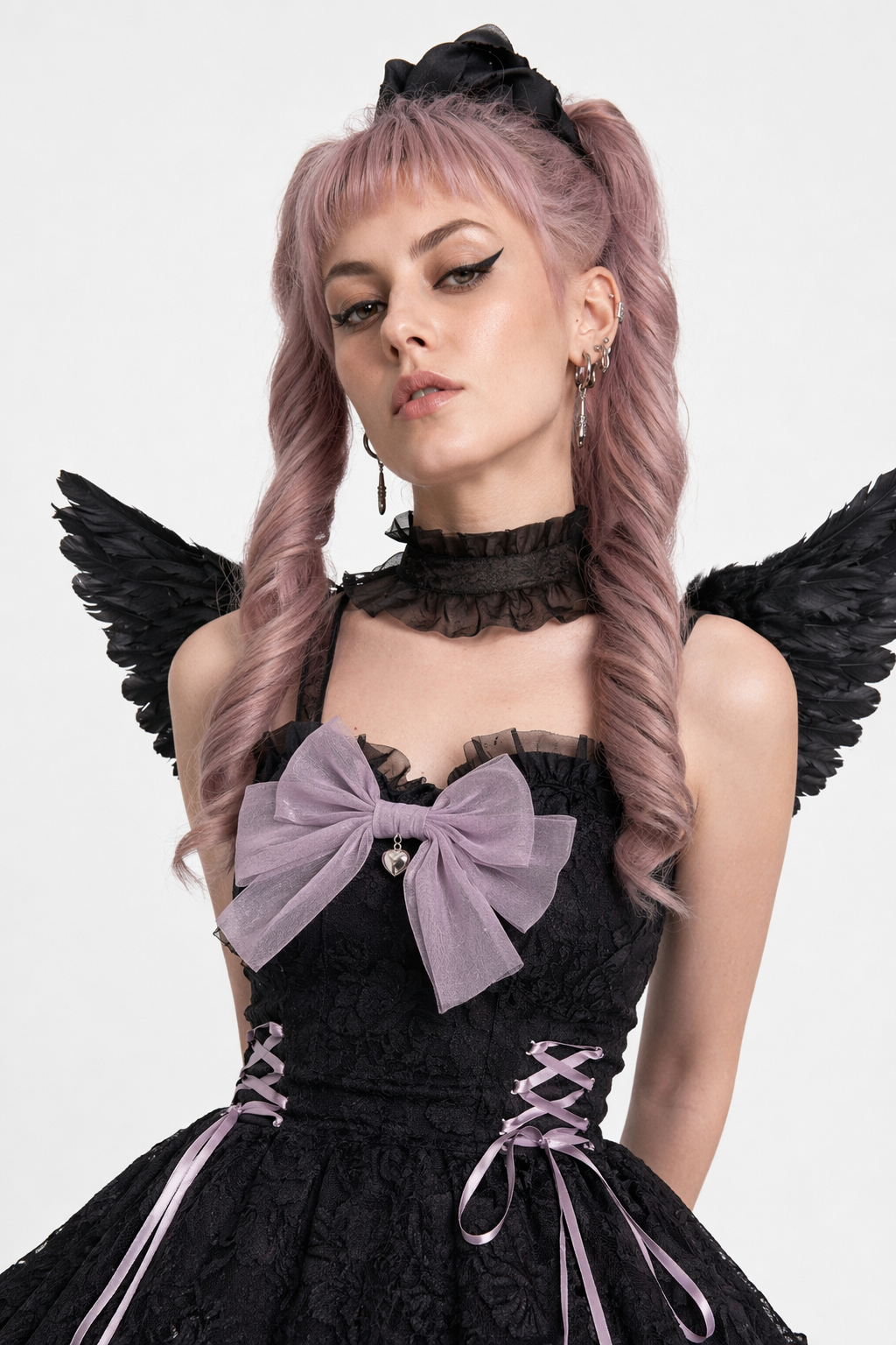 Ethereal Princess Lace Dress with Ruffles and Bows Black Purple