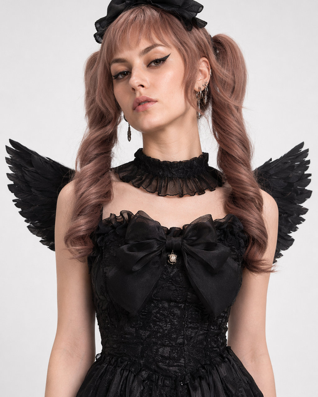 Ethereal Princess Lace Dress with Ruffles and Bows All Black