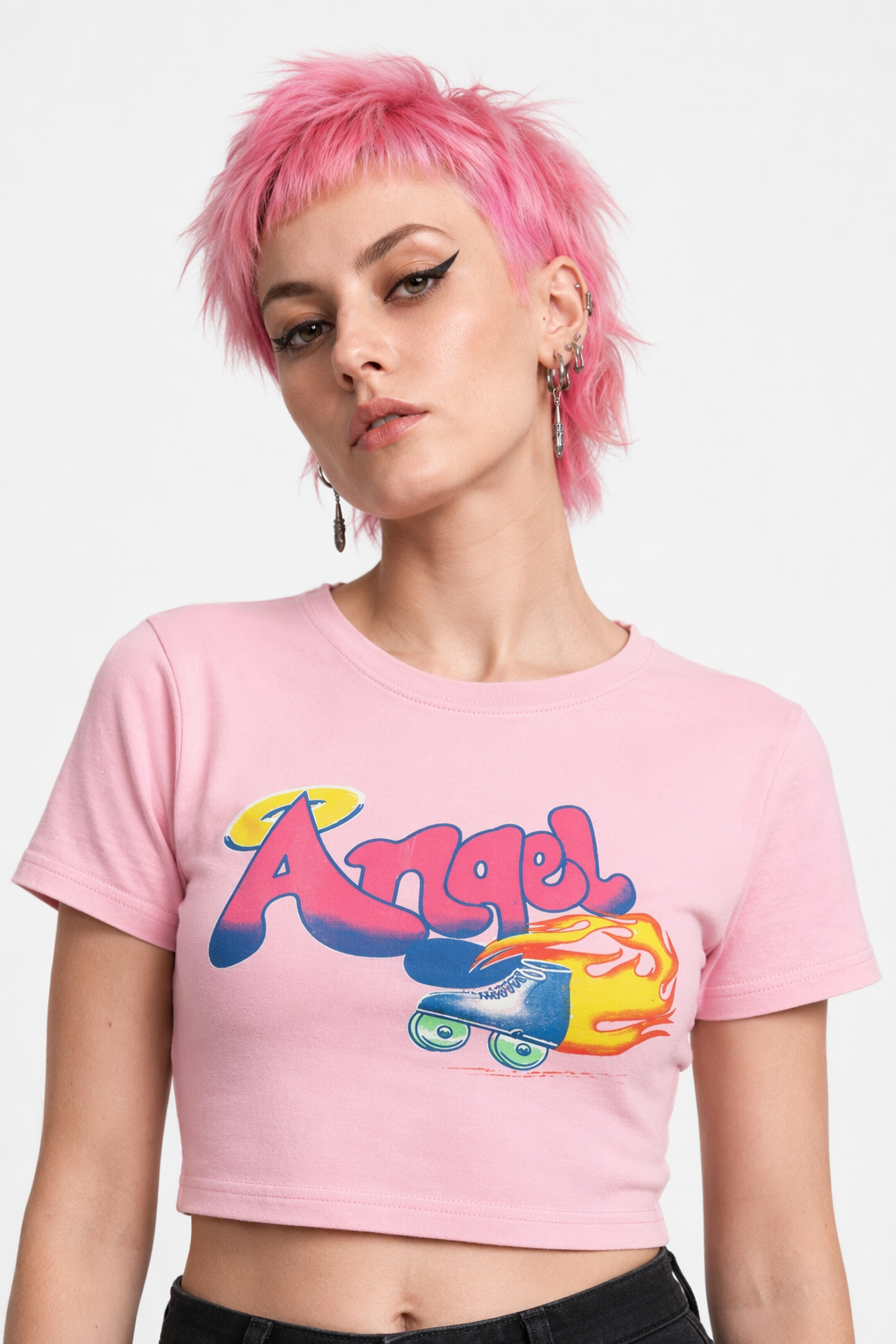 Pink 90s Retro Angel Crop Top with Rollerblades Print M
