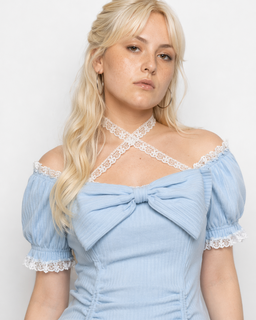 Baby Blue Lace Embellished Sweater Dress with Ruffled Trim M