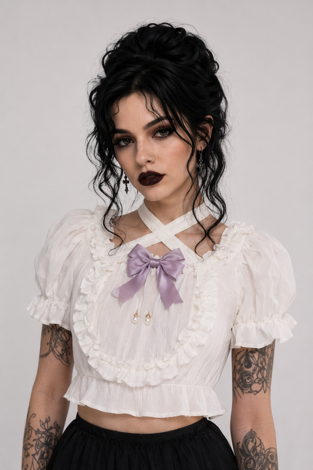 Victorian Era Regal Bow Cropped Blouse with Elegant Details White Blouse