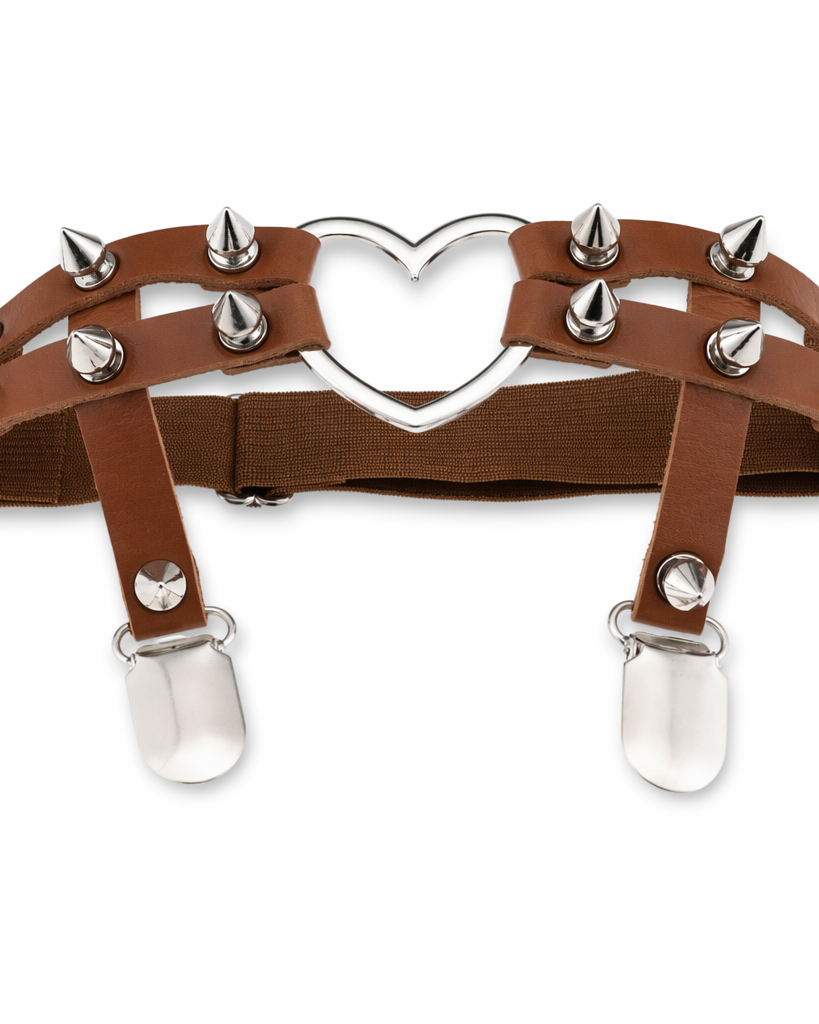 Spiky Garter Belt with Punk Rock Style and Metal Heart Brown