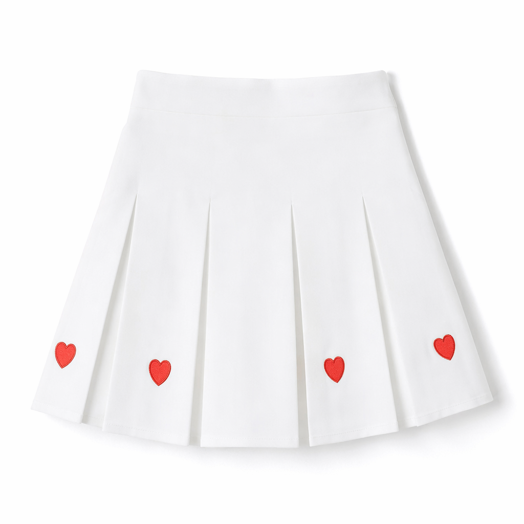 Kawaii School Girl Tennis Skirt with Heart Embroidery Details White