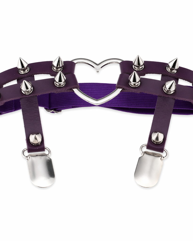 Spiky Garter Belt with Punk Rock Style and Metal Heart Dark Purple