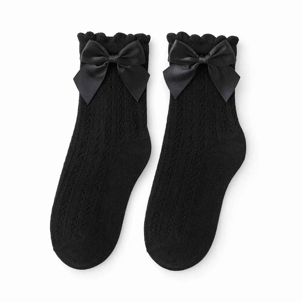 Lace Ankle-High Stockings with Strawberry Ribbon and Ruffle Top Black Ruffles