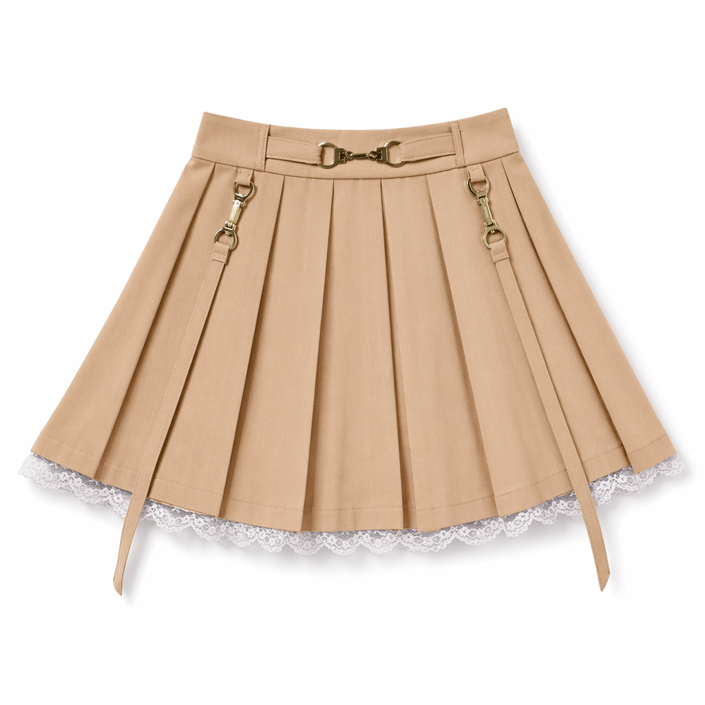 Candy Colored High Quality Pleated Skirt with Lace Tulle Hem Tan