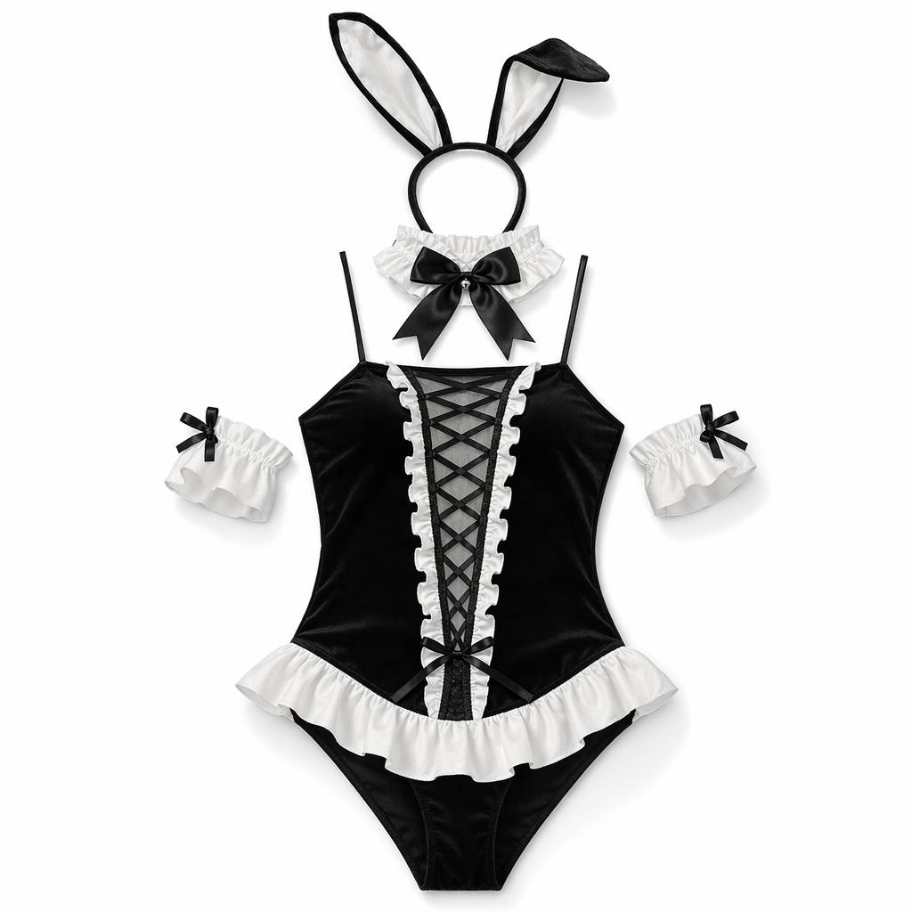 Adorable Criss-Cross Bunny Outfit with Bunny Ears and Silk Bow Collar M