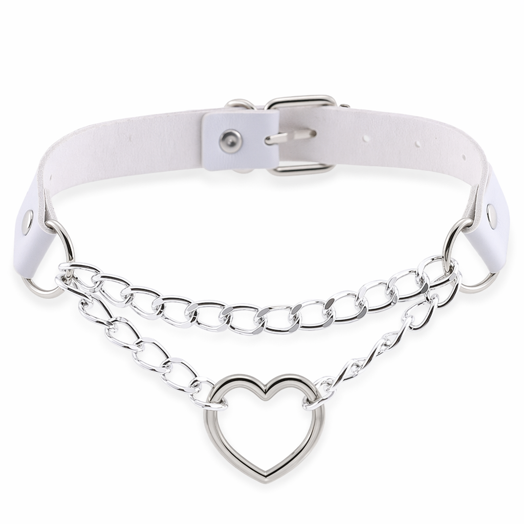 Thick Vegan Leather Chained Heart Choker Necklace White