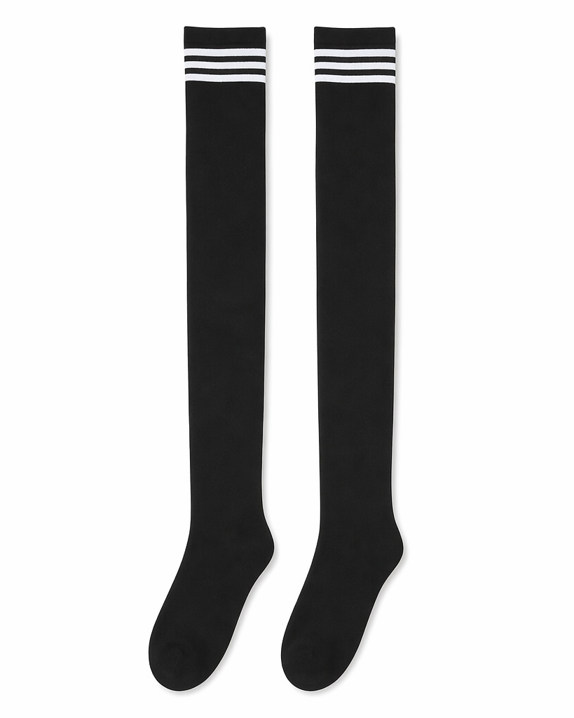 School Girl Inspired Tall Thigh High Stockings with Stripes Black
