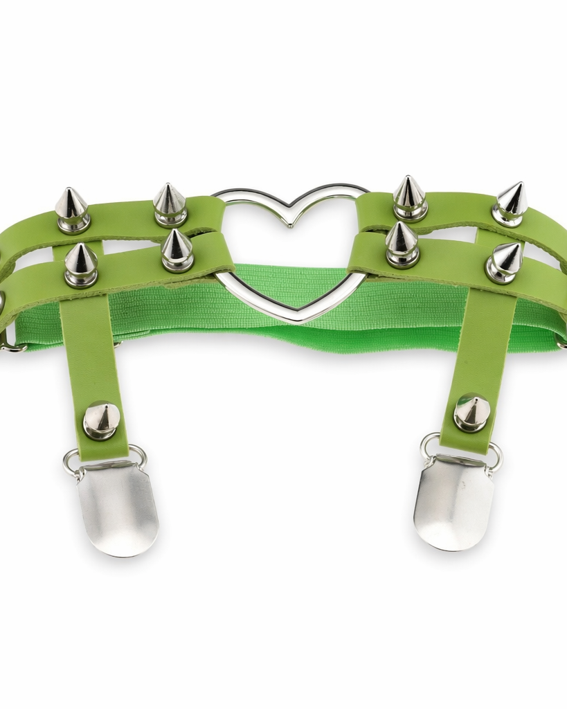 Spiky Garter Belt with Punk Rock Style and Metal Heart Green