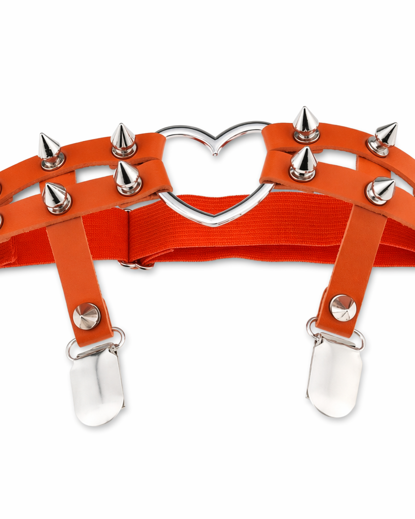 Spiky Garter Belt with Punk Rock Style and Metal Heart Orange