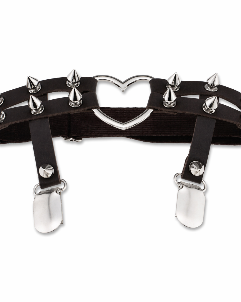 Spiky Garter Belt with Punk Rock Style and Metal Heart Black