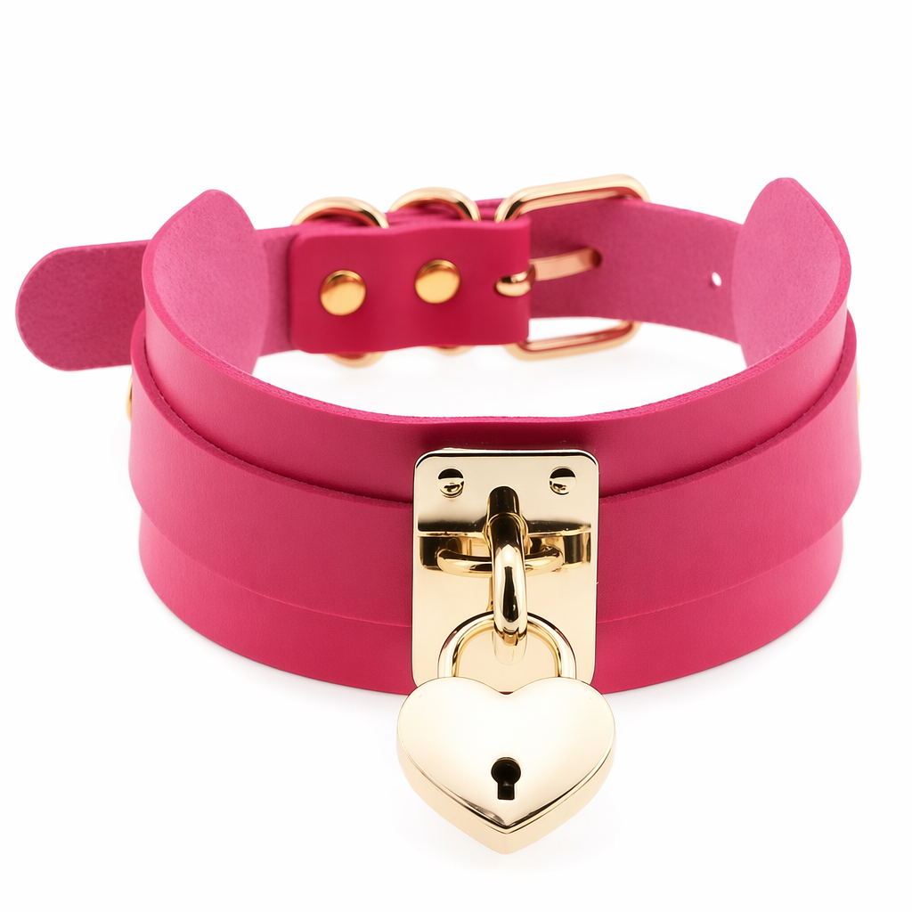 High Quality Vegan Leather Heart Locket Choker in Gold Magenta