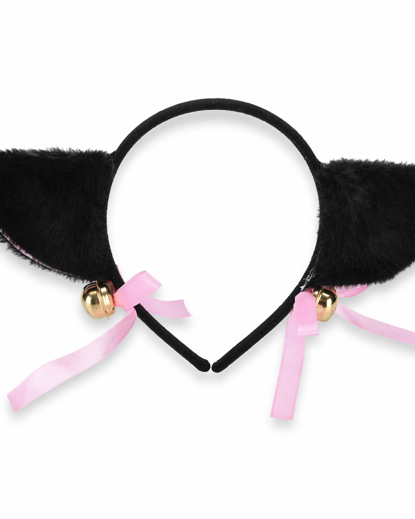 Fuzzy Kitty Cat Ear Headband with Bells and Ribbon Black