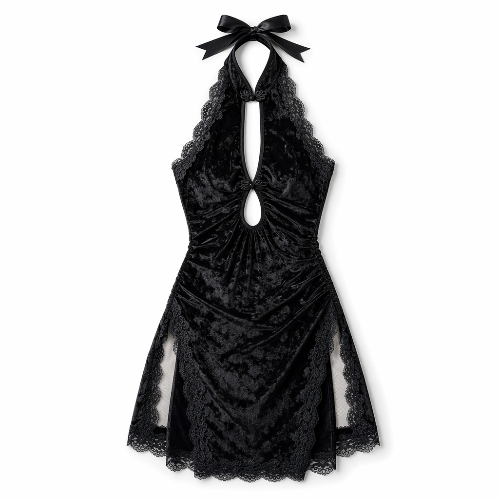 Oriental-Inspired Black Velvet Cheongsam Dress in Traditional Halter Style Default Title