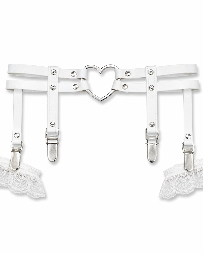 Spiky Garter Belt with Punk Rock Style and Metal Heart White