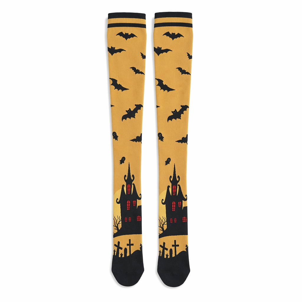 Gothic Halloween Stockings with Spooky Black and Orange Print Haunted House Version