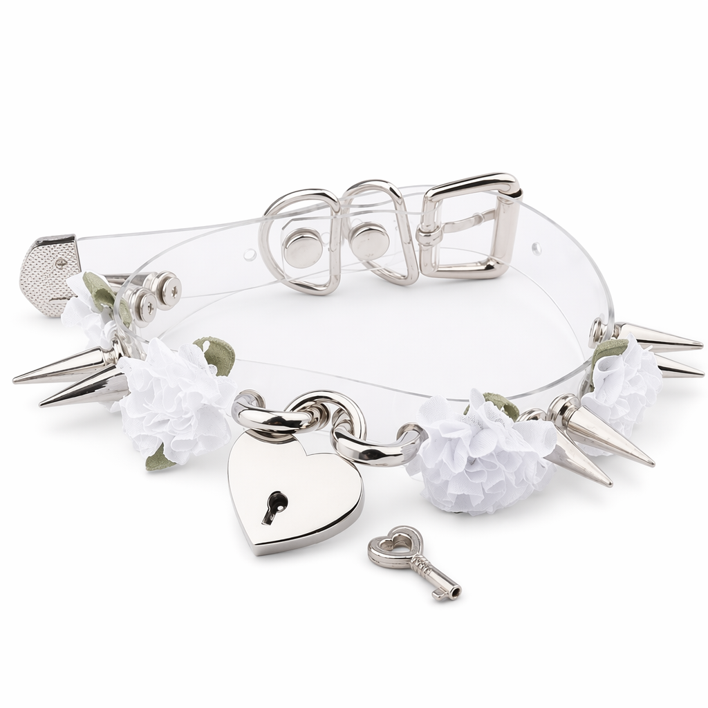 Edgy Floral Choker with Spiky Design and Heart Locket Key White Flower Silver