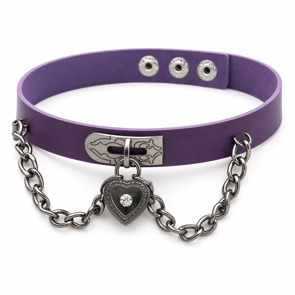 Gothic Victorian Vegan Leather Choker with Heart Locket and Chains Purple