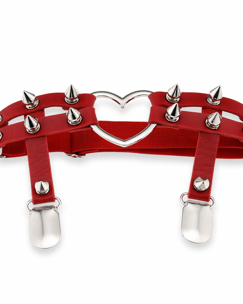 Spiky Garter Belt with Punk Rock Style and Metal Heart Red