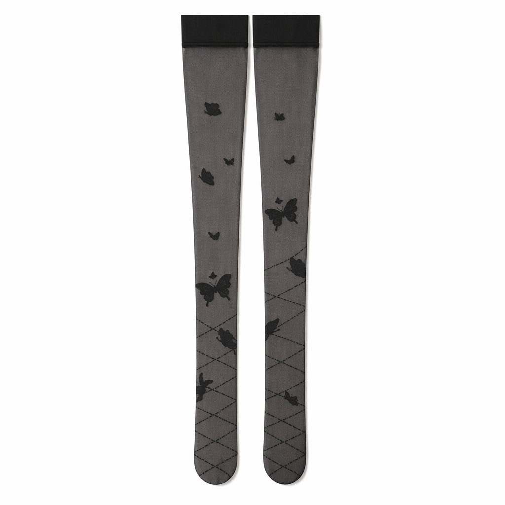 Sheer Lolita Nylon Thigh Highs for a Kawaii Fairycore Look Black Butterflies
