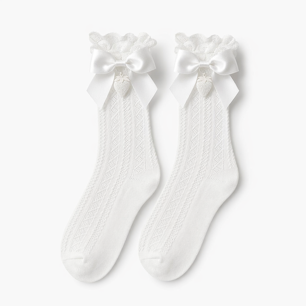 Lace Ankle-High Stockings with Strawberry Ribbon and Ruffle Top White Ruffles