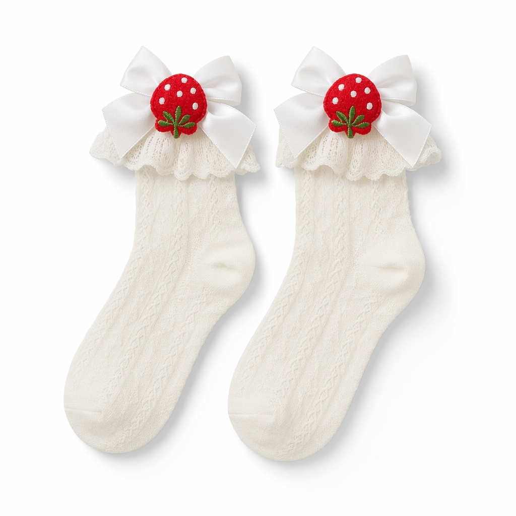 Lace Ankle-High Stockings with Strawberry Ribbon and Ruffle Top Strawberry Beige
