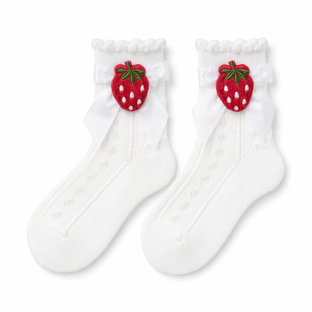 Lace Ankle-High Stockings with Strawberry Ribbon and Ruffle Top Strawberry White