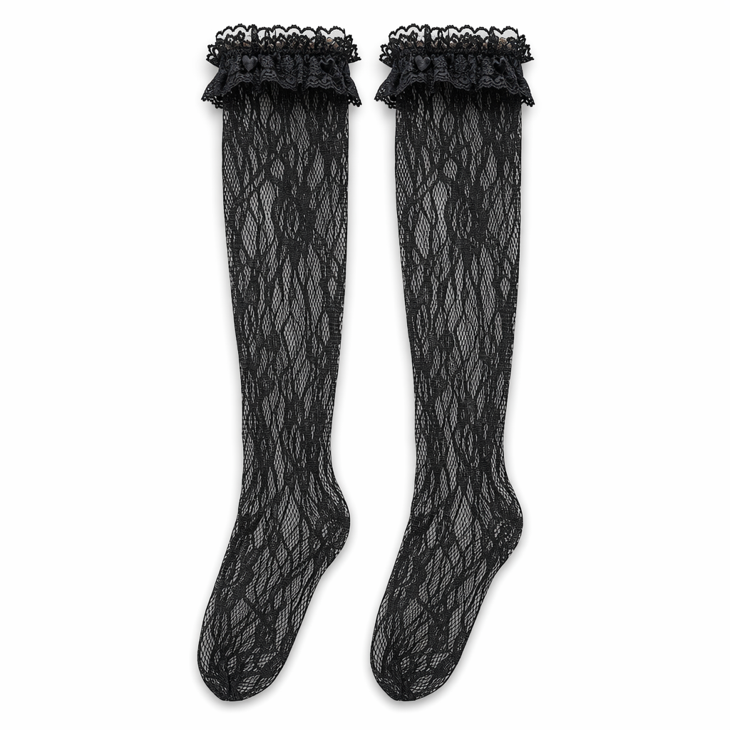 Kawaii Lace Heart and Ribbon Stockings for a Cute Style Upgrade Plain Black Lace