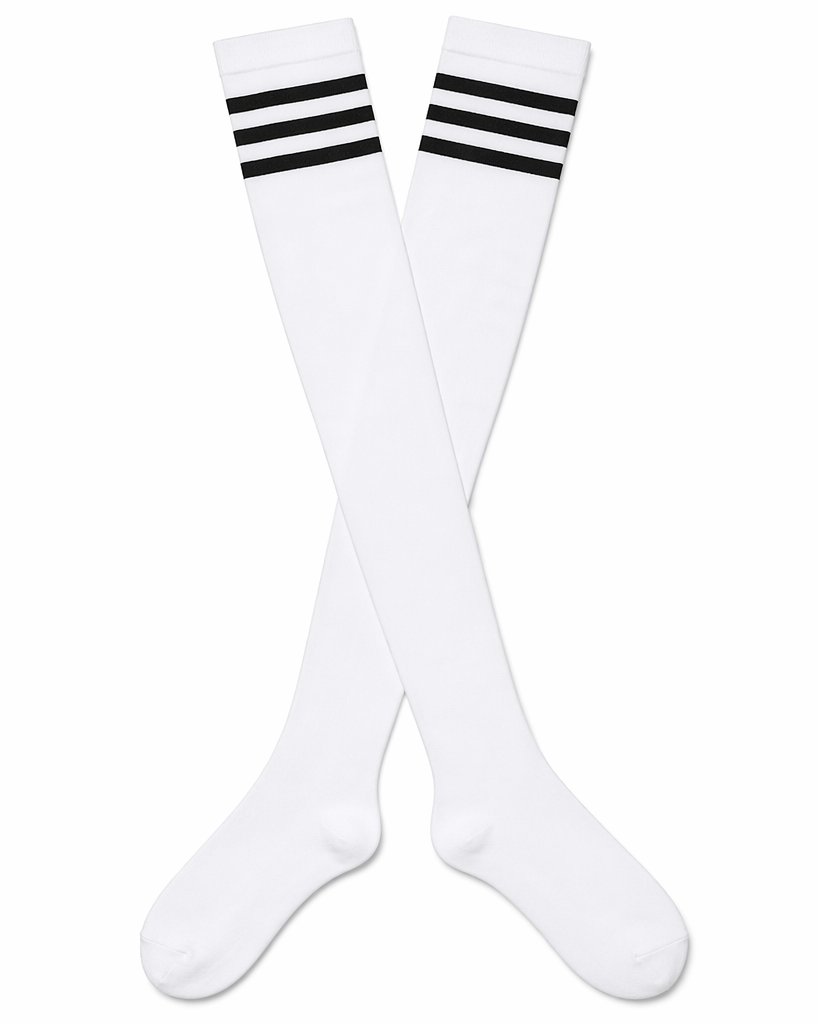 School Girl Inspired Tall Thigh High Stockings with Stripes White