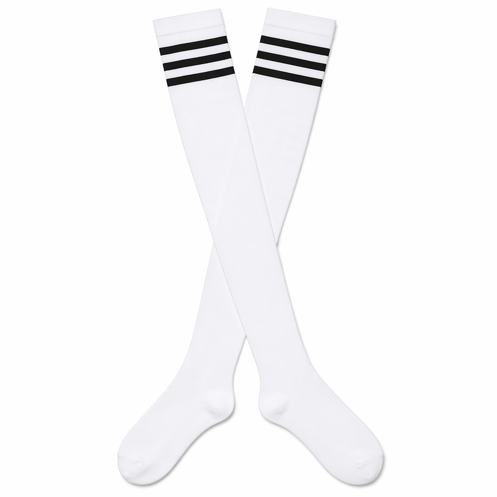 School Girl Inspired Tall Thigh High Stockings with Stripes White