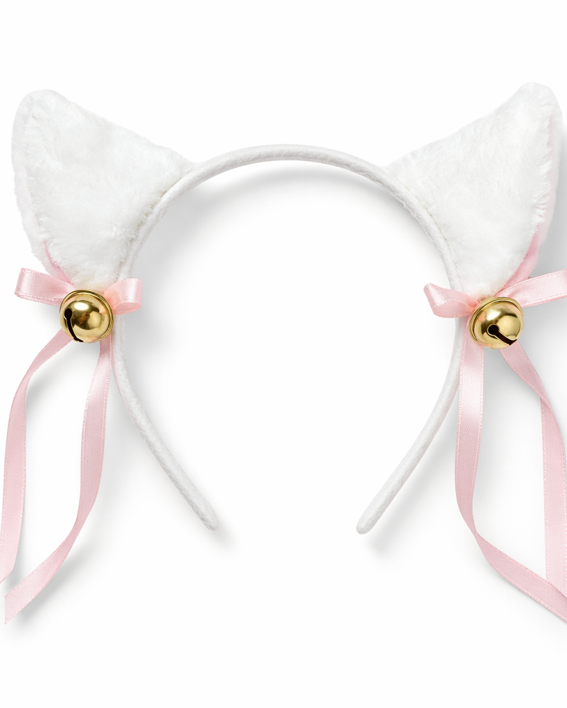 Fuzzy Kitty Cat Ear Headband with Bells and Ribbon White