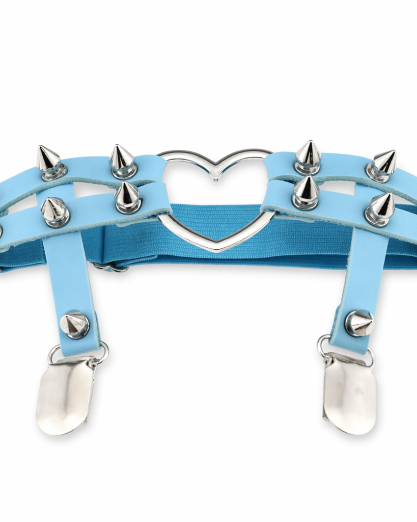 Spiky Garter Belt with Punk Rock Style and Metal Heart Blue