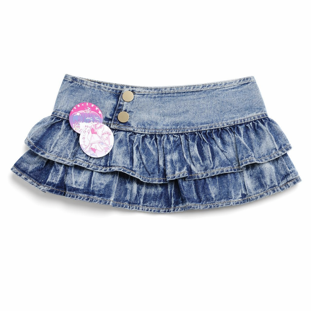 90s-Inspired Denim Miniskirt with Ruffled Pleating 18cm Length L