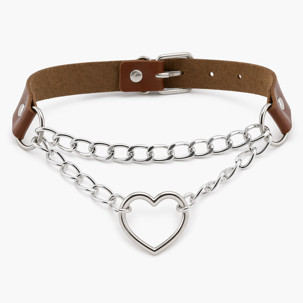 Thick Vegan Leather Chained Heart Choker Necklace Brown