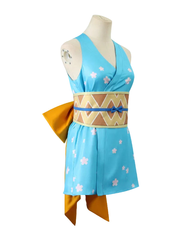 Cosplay costume and figure of a character from 'One Piece' on a pink background with brand logo.