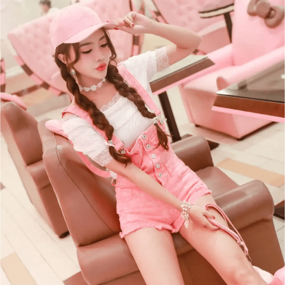 Acid Wash Distressed Dungarees with Size Chart for Pastel Pink Fashion - Cosparty