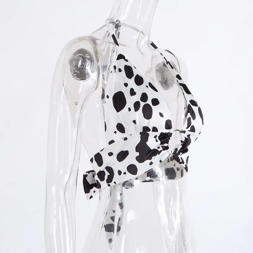 Adorable Cow Print Crop Top with O Ring Design - Cosparty