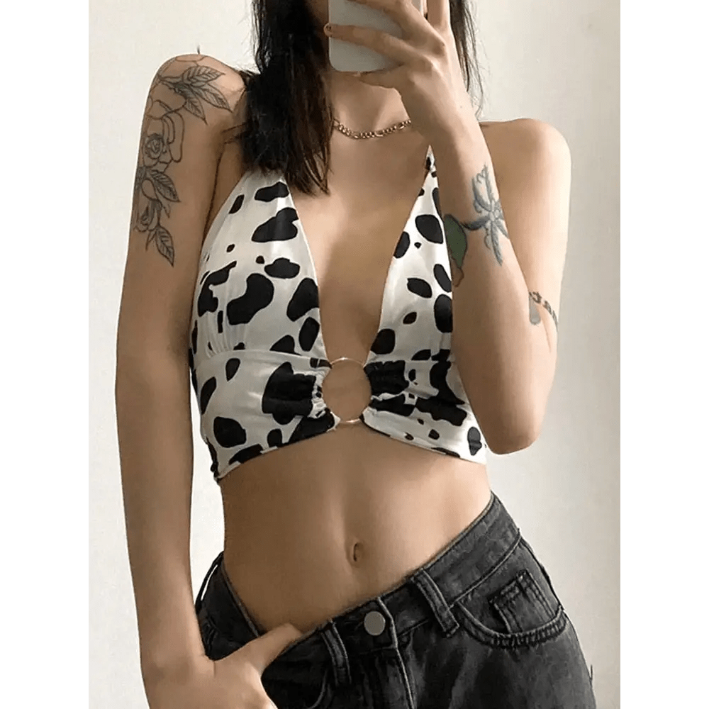 Adorable Cow Print Crop Top with O Ring Design - Cosparty