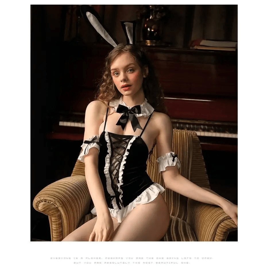 Adorable Criss - Cross Bunny Outfit with Bunny Ears and Silk Bow Collar - Cosparty